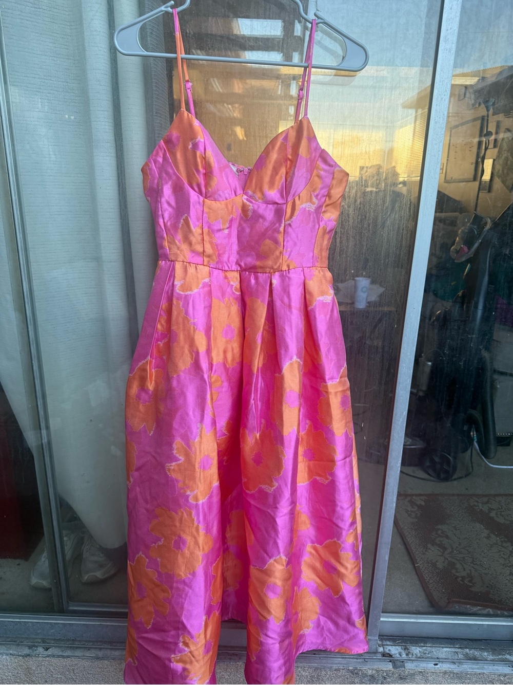 Lulus Vivinna Pink and Orange Floral Jacquard Pleated Midi Dress